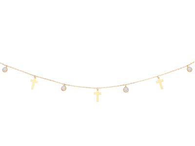 Collana Con Pendenti A Croce Da 8 MM E Zirconi Da 3 Mm, 42-45 Cm, Oro Giallo 18k