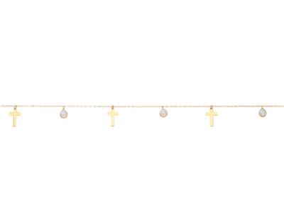 Cavigliera Con Croce Di 8 MM E Nappe In Ossido Di Zirconio Di 3 Mm, 25-28 Cm, Oro Giallo 18 Ct.