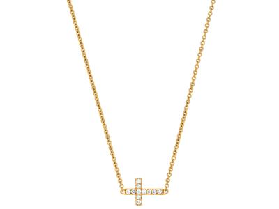 Collana Croce Su Catena, Diamanti 0,04ct, 38-40 Cm, Oro Giallo 18 Ct.
