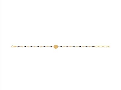 Bracciale Con Placca Rotonda 10 Mm,sfere Di Smalto Nero Su Catena, 17 3 Cm, Oro Giallo 18 Carati
