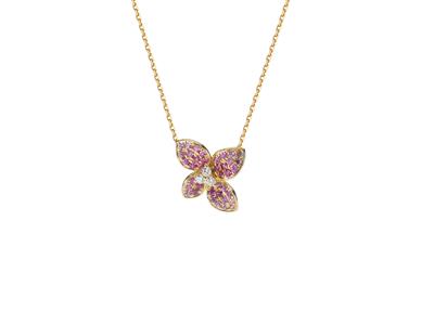 Collana A Fiori 15 X 20 Mm, Diamanti 0,09 Carati, Rubini 0,21 Carati E Zaffiri Rosa 0,33 Carati, 40-42-45 Cm, Oro Giallo 18 Carati