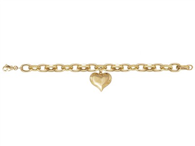 Bracciale Maglia Ovale Cava Traforata 9,50 Mm, Pendente Cuore 19 X 22 Mm, 20 Cm, Oro Giallo 18 Kt