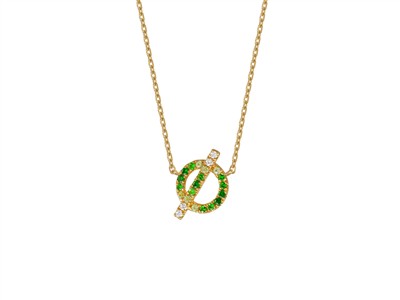 Collana Motivo Cerchio E Barretta 9x 13 Mm, Diamanti 0,04 Ct, Granati Verdi 0,15 Ct, Zaffiri Verdi 0,07
