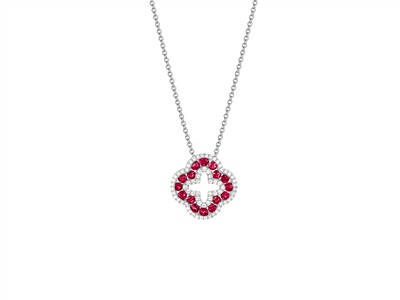 Collana Motivo Trifoglio Traforato 15 Mm, Diamanti 0,21 Ct E Rubini 0,69 Ct, 40-42,5-45 Cm, Oro Bianco 18