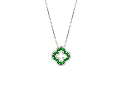 Collana Motivo Trifoglio Traforato 15 Mm, Diamanti 0,21 Ct E Smeraldi 0,50 Ct, 40-42,5-45 Cm, Oro Bianco