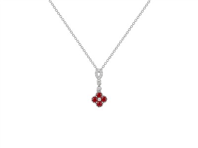 Collana Maglia Forzatina Tonda 1,20mm, Pendente Fiore 8 Mm, Caduta 17 Mm, Rubini 0,32 Ct E Diamanti 0,06