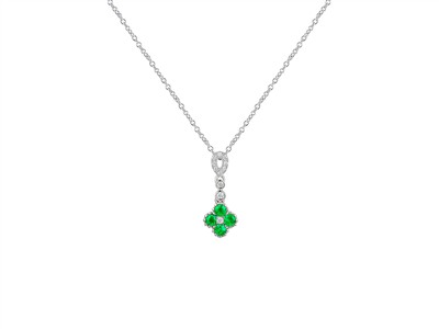 Collana Maglia Forzatina Tonda 1,20mm, Pendente Fiore 8 Mm, Caduta 17 Mm, Smeraldo 0,26 Ct E Diamanti 0,