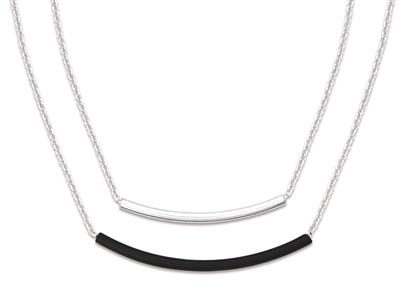 Collana 2 File Di Tubi Laccati Neri, 423 Cm, Argento 925 Rodio