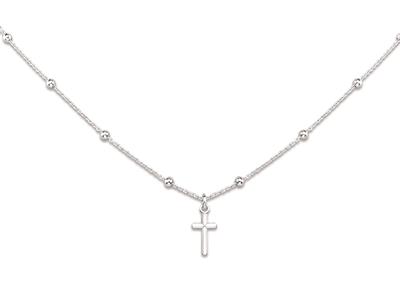 Collana Con Croce Su Catena A 18 Perle, 40-44 Cm, Argento 925 Rodiato