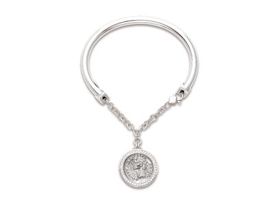 Bracciale Con Tubo Cavo Da 4,5 MM E Catena, Charm A Moneta Con Zirconi, 58 X 48 Mm, Argento 925 Placcato In Rodio