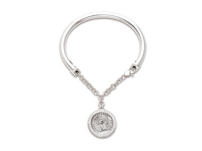 Bracciale Con Tubo Cavo Da 4,5 MM E Catena, Charm A Moneta Con Zirconi, 58 X 48 Mm, Argento 925 Placcato In Rodio