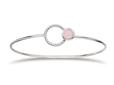 Bracciale Jonc, Cerchio Di Quarzo Rosa E Zirconi, 58 X 48 Mm, Argento 925 Rodiato