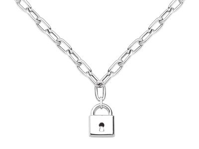 Collana A Rettangolo Cavo, Ciondolo A Lucchetto, 50 Cm, Argento 925 Rh - Immagine Standard - 1