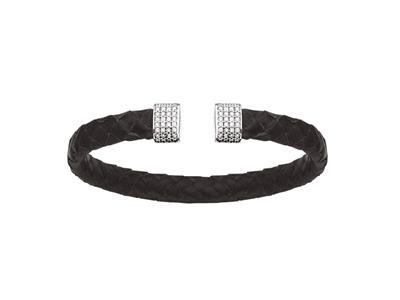 Bracciale Collana In Pelle Nera Con Ossido Di Zirconio 7 Mm, 58 X 48 Mm, Argento 925 Rh