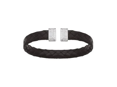 Bracciale Collana In Pelle Nera Con Ossido Di Zirconio 9 Mm, 70 X 50 Mm, Argento 925 Rh - Immagine Standard - 1