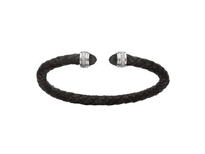 Bracciale In Pelle Nera A Fascia Rotonda 5 Mm, Con Ossidi Di Zirconio E Cristalli Neri, 58 X 48 Mm, Argento 925 Rh