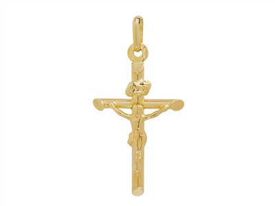 Pendente Croce Tubo 25 X 18 Mm, Bordi Smussati, Con Cristo, Oro Giallo14 Kt