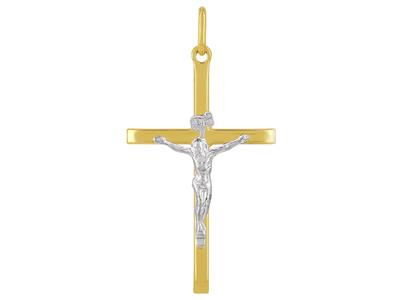 Pendente Croce Con Cristo, Tubo Quadrato, 32 Mm, Oro Giallo 18 Ct.