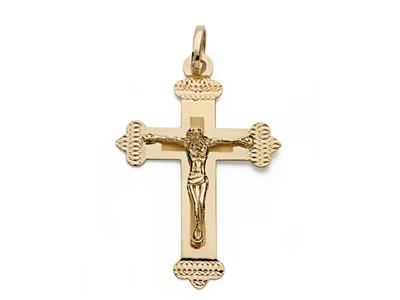 Pendente Croce Di Cristo Con Bordi Cesellati 35 X 23 Mm, Oro Giallo 18 Ct. - Immagine Standard - 1