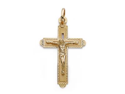 Pendente Croce Di Cristo Con Bordi Cesellati 35 X 23 Mm, Oro Giallo 18 Ct. - Immagine Standard - 1