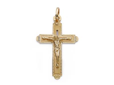 Pendente Croce Di Cristo Con Bordi Cesellati 35 X 23 Mm, Oro Giallo 18 Ct.