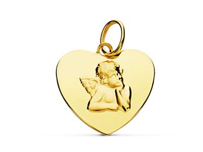 Medaglia A Forma Di Cuore D'angelo, Lucida E Incavata, 14 Mm, Oro Giallo 18 Ct. - Immagine Standard - 1
