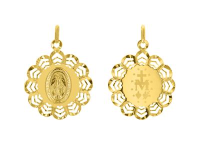 Medaglia Vergine Miracolosa, Bordo Traforato E Fondo Sabbiato, 24 Mm, Oro Giallo 18k