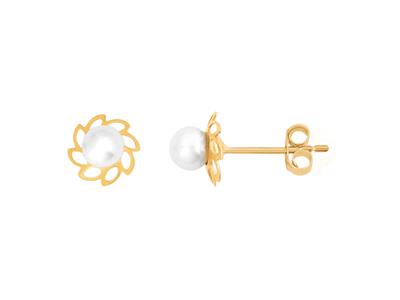 Orecchini Fiori 7 MM E Perla 3,6 Mm, Oro Giallo 18 Ct.