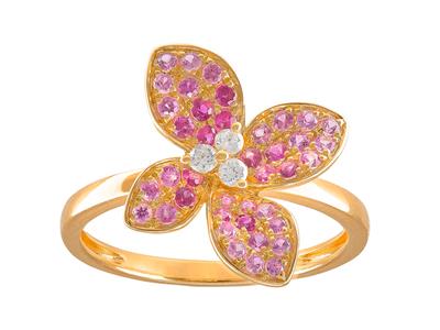 Anello Fiore, Diamanti 0,09 Ct, Spahir Rosa 0,33 Ct E Rubini 0,21 Ct, Oro Giallo 18 Kt, Dito 56