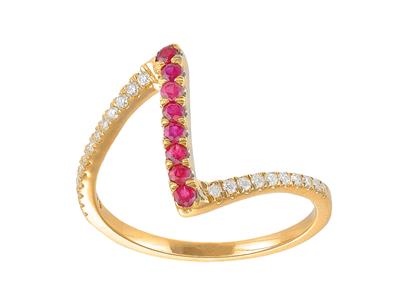 Anello A Forma Di Z, Diamanti Da 0,14 Ct E Rubini Da 0,25 Ct, Oro Giallo 18 Kt, Dito 56