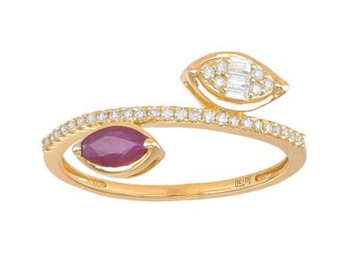 Anello Toi Et Moi, Diamanti Da 0,16ct E Rubino A Navetta Da 0,34 Ct, Oro Giallo 18 Kt, Misura Del Dito 5