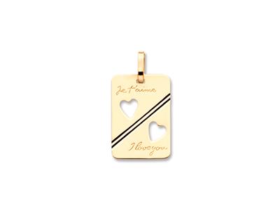 Ciondolo Con Placca Rettangolare Traforata, I Love You 2 Hearts 17 X 12 Mm, Oro Giallo 18 Ct.