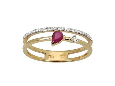 Anello Doppia Fila, Diamanti 0,10 Ct E Rubino A Pera 0,19 Ct, Oro Giallo 18 Kt, Misura Del Dito 52