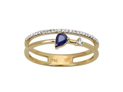 Anello A Doppia Fila, Diamanti 0,10ct E Zaffiro Taglio Pera 0,19 Ct, Oro Giallo 18 Kt, Misura Del Dito 5 54