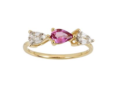 Anello Trilogy A Forma Di Pera, Diamanti Tondi E Baguette 0,13 Carati, Zaffiro Rosa 0,52 Carati, Oro 18kt Giallo, Dito 58