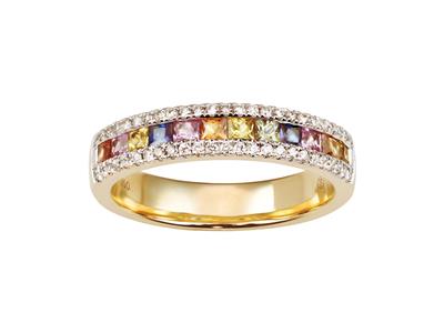 Fede Nuziale Raibow A Mezzo Giro, Incastonatura A Rotaia 4 Mm, Diamanti 0,18ct E Zaffiri Princess Verdi, Arancioni, Rosa, Blu E Gialli 0,83ct, Oro Giallo 18kt