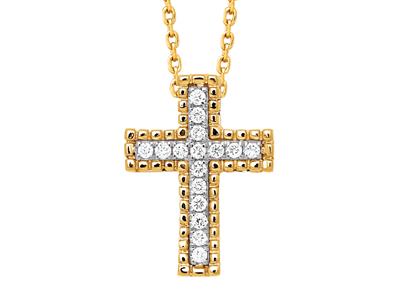 Pendente A Croce, Filo Di Perle Esterno, Catena Passante, Diamanti Da 0,08 Ct, Oro Giallo 18 Carati