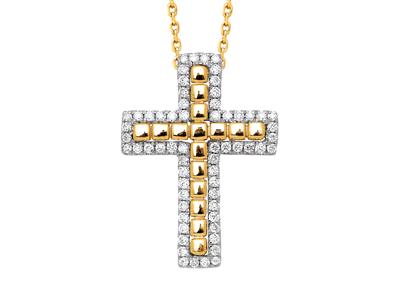 Pendente Con Croce Di Diamanti Da 0,22 Ct, Filo Di Perle Esterno, Catena Passante, Oro Giallo 18 Carati