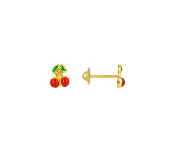 Orecchini Smalto Rosso E Verde Ciliegia, 6 Mm, Oro Giallo 18 Carati - Immagine Standard - 1