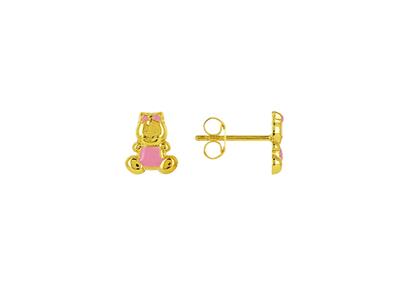 Orecchini Orsetto Smalto Rosa, 7 Mm, Oro Giallo 18 Carati