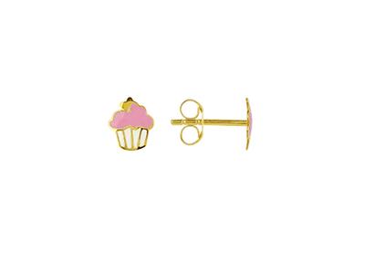 Orecchini Cupcake In Smalto Rosa E Bianco, 6 Mm, Oro Giallo 18 Carati