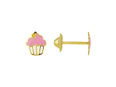 Orecchini Cupcake In Smalto Rosa E Bianco, 6 Mm, Oro Giallo 18 Carati