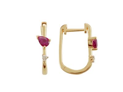 Orecchini A Cerchio Ovali, Altezza 15 Mm, Diamante 0,03ct E Rubino Taglio Pera 0,38ct, Oro Giallo 18k