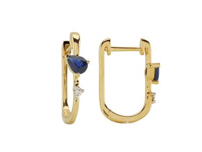 Orecchini A Cerchio Ovali, Altezza 15 Mm, Diamante 0,03ct E Zaffiro Taglio Pera 0,38ct, Oro Giallo 18k