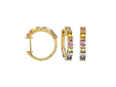Orecchini A Cerchio Arcobaleno, Diametro Interno 12 Mm, Diamanti 0,15ct E Zaffiri Blu, Verdi, Rosa, Gialli E Arancioni 0,75ct, Oro Rosa 18kt Giallo