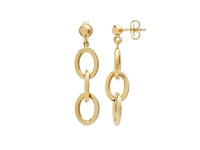 Orecchini, 3 Maglie Ovali Pendenti, Altezza 36 Mm, Tubo Cavo, Oro Giallo 18k
