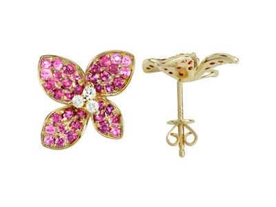 Orecchini A Fiore, Altezza 15 Mm, Diamanti 0,13ct E Zaffiri Rosa 0,55ct, Oro Giallo 18k
