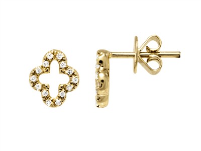Orecchini Trifoglio Traforato 7 X 8mm, Diamanti 0,08 Ct, Oro Giallo 1 8 Kt