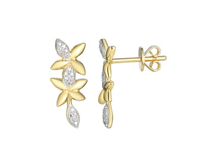 Orecchini Pendenti Fiori 16 X 6 Mm,diamanti 0,03 Ct, Oro Giallo 18 Kt