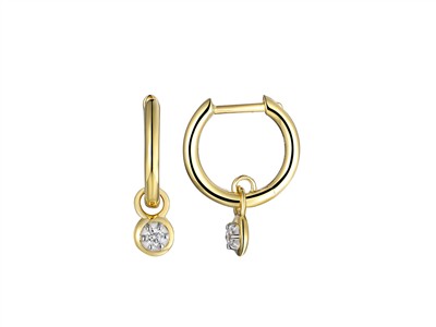 Orecchini A Cerchio 9 MM Con Pendente Diamante Castone Chiuso 0,05 Ct,altezza 17 Mm, Oro Giallo 18 Kt